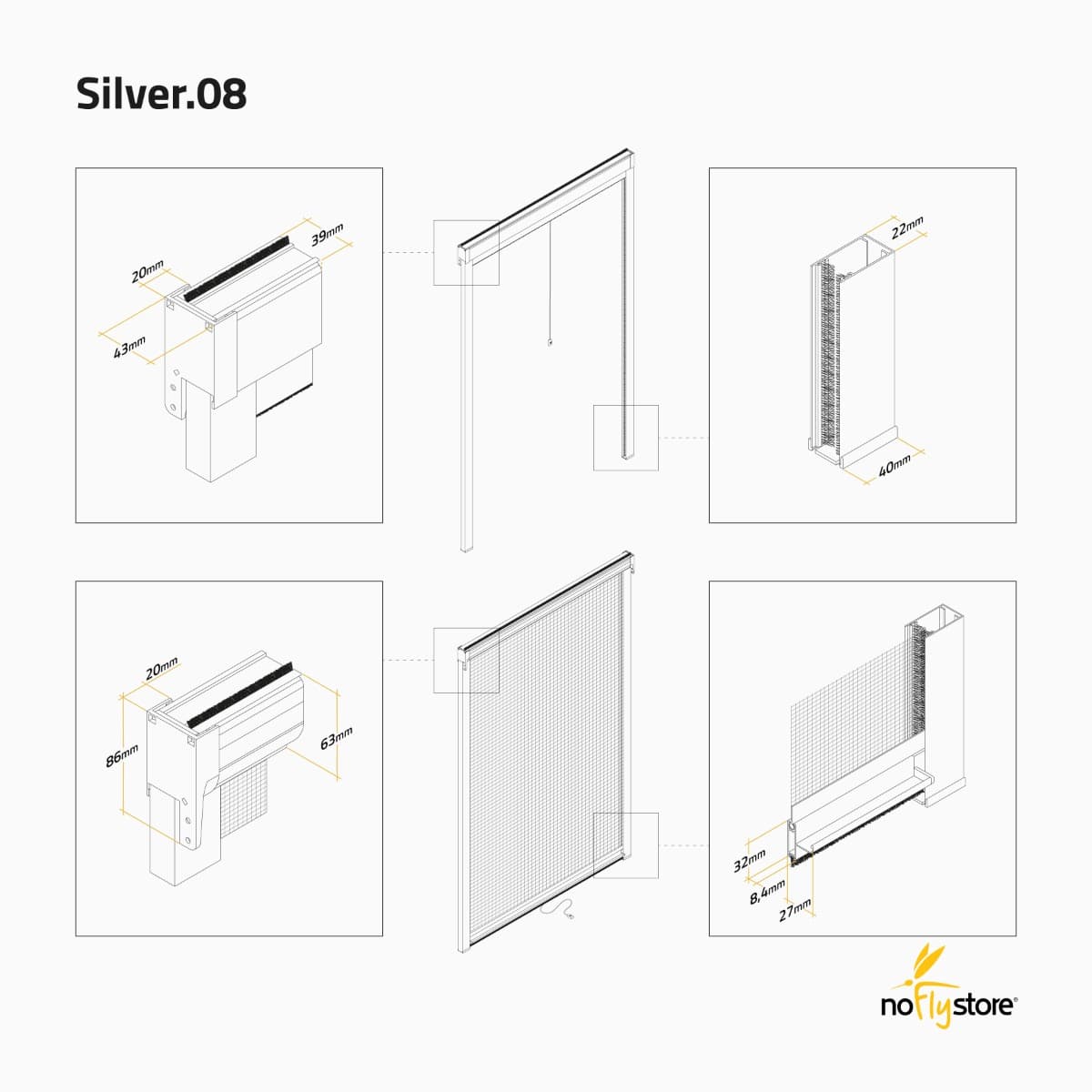 SILVER.08. Zanzariera a rullo verticale con spazzolino antivento